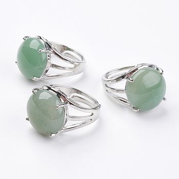 Adjustable Natural Green Aventurine Finger Rings, with Brass Findings, US Size 7 1/4(17.5mm)