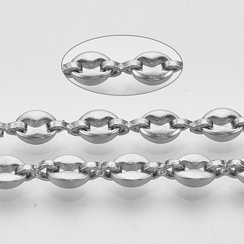 304 Stainless Steel Coffee Bean Chain, with Spool, Unwelded, Stainless Steel Color, Link 1: 6x4.5x2mm, Link 2: 6x3x1mm, about 32.8 Feet(10m)/roll