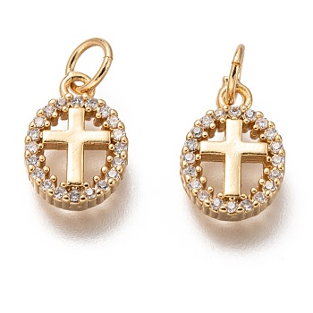 Brass Micro Pave Clear Cubic Zirconia Charms, Long-Lasting Plated, with Jump Ring, Oval with Cross, Golden, 12x8x2mm, Jump Ring: 5x1mm, 3mm Inner Diameter
