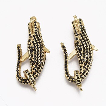Brass Micro Pave Cubic Zirconia Lobster Claw Clasps, Long-Lasting Plated, Alligator, Real 18K Gold Plated, Ring: 10x8x2mm, Hole: 1.2mm, Alligator: 30.5x15x9mm, Hole: 2.5mm