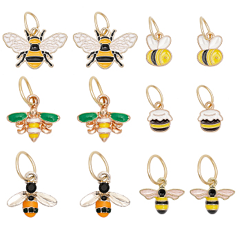 Zinc Alloy Enamel Bees & Honey Jar Pendants, with 304 Stainless Steel Jump Rings, for Shoe Charm Decoration Accessories, Mixed Color, 12~17x15~26x1.5~4mm, 2pcs/style, 6 style, 12pcs/set