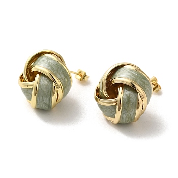 Real 18K Gold Plated Brass Enamel Stud Earrings for Women, Knot, Dark Sea Green, 21x20.5mm