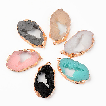 Druzy Resin Pendants, Imitation Geode Druzy Agate Slices, with Edge Light Gold Plated Iron Loops, Oval, Mixed Color, 39x22x6mm, Hole: 1.4mm