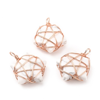Natural Howlite Pendants, with Rose Gold Tone Copper Wire Wrapped, Cadmium Free & Lead Free, Star, 37~41x29~31x9~11mm, Hole: 4.5~6mm