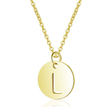 201 Stainless Steel Initial Pendants Necklaces, with Cable Chains, Flat Round with Letter, Golden, Letter.L, 16.3 inch(40cm), 1mm