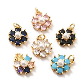 Rack Plating Brass Pendants, with Rhinestone & Imitation Pearl, Cadmium Free & Lead Free, Long-Lasting Plated, Flower, Mixed Color, 16x13x6mm, Jump Ring: 5x1mm, Inner Diameter: 3mm