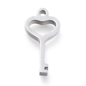 304 Stainless Steel Pendants, Laser Cut, Heart Key, Stainless Steel Color, 13x6.5x1.7mm, Hole: 1mm