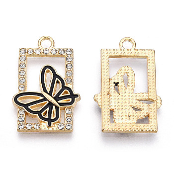 Alloy Enamel Pendants, with Rhinestone, Cadmium Free & Lead Free, Rectangle with Butterfly, Light Gold, Black, 26x17.5x2mm, Hole: 2.2mm