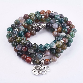 Natural Indian Agate Wrap Bracelets, with Alloy Finding, Om Symbol and Tree of Life, 36.22 inch~39.37 inch(92~100cm)