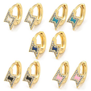 Lightning Bolt Real 18K Gold Plated Brass Hoop Earrings, with Enamel and Clear Cubic Zirconia, Mixed Color, 11.5x8mm