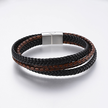 Leather Cord Multi-strand Bracelets, with 304 Stainless Steel Magnetic Clasps, Mixed Color, 8-5/8 inch(22cm), 4~23mm