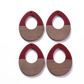 Opaque Resin & Walnut Wood Pendants, Two Tone, Teardrop, FireBrick, 37x28.5x3mm, Hole: 2mm