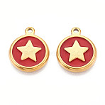 304 Stainless Steel Enamel Pendants, Real 18K Gold Plated, Flat Round with Star, Dark Red, 19x15x2.5mm, Hole: 1.6~1.8mm(STAS-N092-148B)