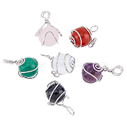 6Pcs 6 Style Natural Gemstone Pendants, with Platinum Plated Brass Wire Wrapped, Round Charm, 28.5~34x18.5~20x17~19mm, Hole: 4~5.5mm, 1pc/style(G-DC0001-17)