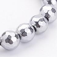 Non-Magnetic Synthetic Hematite Beads Strands, Grade AA, Faceted, Round, Silver Plated, Size: 8mm in diameter, hole: 1mm, about 50pcs/strand, 15.7 inch(G-B354-1)