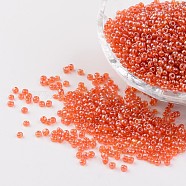 Round Glass Seed Beads, Trans. Colours Lustered, Orange, Size: about 2mm in diameter, hole: 1mm, about 3306pcs/50g(X-SEED-A006-2mm-109B)