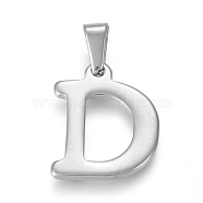304 Stainless Steel Pendants, Stainless Steel Color, Initial Letter.D, 20x16x1.8mm, Hole: 3x7mm(STAS-F106-95P-D-01)