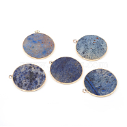 Natural Dumortierite Pendants, with Brass Findings, Flat Round, Golden, 32~34x28.5~31x2mm, Hole: 1.6mm(G-E526-10L)