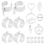 DIY Charm Cuff Ring Making Kit, Including Stainless Steel Open Ring Findings, Mountain & Peace Sign & Heart & Leaf 304 Stainless Steel & Alloy Charms, Stainless Steel Color, 32Pcs/box(DIY-UN0003-69)