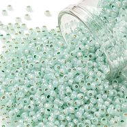 TOHO Round Seed Beads, Japanese Seed Beads, (PF2118) PermaFinish Light Mint Opal Silver Lined, 11/0, 2.2mm, Hole: 0.8mm, about 50000pcs/pound(SEED-TR11-PF2118)