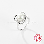 Rhodium Plated  925 Sterling Silver Finger Rings, with Pearl, Platinum, US Size 7(17.3mm)(AX5136-5)