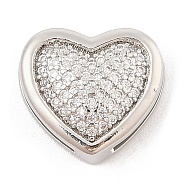 Brass Micro Pave Cubic Zirconia Slide Charms, Long-Lasting Plated, Heart, Platinum, 13x14x5.5mm, Hole: 1.5x6.5mm and 10x2mm(ZIRC-I068-02P-A)