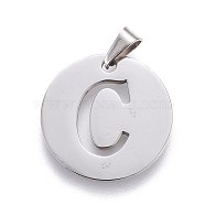 201 Stainless Steel Pendants, Flat Round with Letter, Stainless Steel Color, Letter C, 20x1.3mm, Hole: 4x3mm(STAS-L221-33C)
