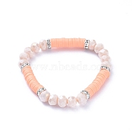 Stretch Bracelets, with Polymer Clay Heishi Beads, Imitation Jade Faceted Glass Beads and Brass Rhinestone Beads, Light Salmon, Inner Diameter: 2-1/4 inch(5.7cm)(BJEW-JB05195-02)