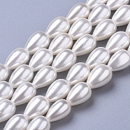 Polished Shell Pearl Beads Strands, Teardrop, White, 8~9x6~7mm, Hole: 0.8mm, about 40pcs/strand, 15.7 inch(40cm)(BSHE-L042-A02)