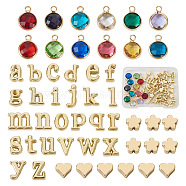 DIY Birthstone Jewelry Making Finding Kit, Including Flower & Heart Brass Beads, Flat Round Glass & Alloy Letter A~Z Pendants, Mixed Color, 5~11.5x6~11x3mm, Hole: 1.2~1.8mm, 50Pcs/box(FIND-TA0002-12)