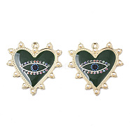 Printed Alloy Pendants, with Enamel and ABS Plastic Imitation Pearl, Heart with Eye, Light Gold, Dark Green, 33x33x2.5mm, Hole: 1.8mm(X-ENAM-S016-69C)