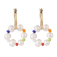 Natural Pearl Beaded Dangle Hoop Earrings, Ring Drop Earrings for Women, Golden, Colorful, 35mm, Pin: 0.7mm(EJEW-TA00040)