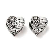 Alloy Rhinestone European Beads, Large Hole Beads, Heart with Butterfly & Word, Antique Silver, 11.5x12x9mm, Hole: 4.4mm(FIND-Q115-14AS)