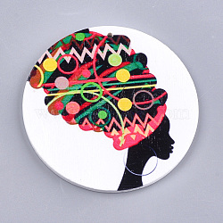 Printed Wooden Big Pendants, Dyed, Flat Round with Fashion Lady, Colorful, 60x2.5mm, Hole: 1.5mm(WOOD-S048-49)
