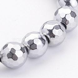 Non-Magnetic Synthetic Hematite Beads Strands, Grade AA, Faceted, Round, Silver Plated, Size: 8mm in diameter, hole: 1mm, about 50pcs/strand, 15.7 inch(G-B354-1)