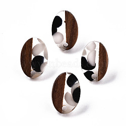 Resin & Walnut Wood Stud Earring Findings, with 304 Stainless Steel Pin, Oval, Black, 15x10mm, Hole: 1.8mm, Pin: 0.7mm(MAK-N032-004A-E01)