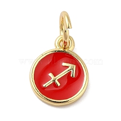 Real 18K Gold Plated Brass Enamel Charms, with Jump Ring, Long-Lasting Plated, Lead Free & Cadmium Free, Flat Round with Sagittarius Charms, Red, 10x8x1mm, Hole: 4mm(KK-L216-001G-C03)