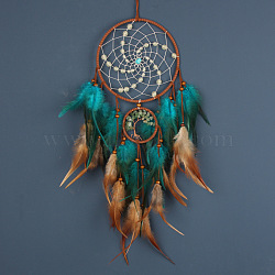 Luminous Woven Net/Web with Feather Wind Chime, Glow in the Dark, with Iron Rings, for Home Offices Wall Ornament Tree of Life, Teal, 500mm(PW-WG37116-02)