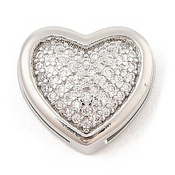 Brass Micro Pave Cubic Zirconia Slide Charms, Long-Lasting Plated, Heart, Platinum, 13x14x5.5mm, Hole: 1.5x6.5mm and 10x2mm(ZIRC-I068-02P-A)