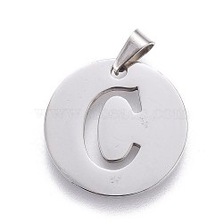 Non-Tarnish 201 Stainless Steel Pendants, Flat Round with Letter, Stainless Steel Color, Letter C, 20x1.3mm, Hole: 4x3mm(STAS-L221-33C)