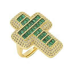 Cross Brass with Cubic Zirconia Open Cuff Rings, for Women, Lead Free & Cadmium Free, Real 18K Gold Plated, Green, Inner Diameter: 17.5mm, cross: 30.5x21.5mm.(RJEW-U011-09G-02)