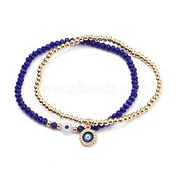 Stretch Bracelets Sets, with Round Brass Beads, Glass Beads, Evil Eye Lampwork Beads and Brass Micro Pave Cubic Zirconia Charms, Golden, Blue, Inner Diameter: 2-1/4 inch(5.7cm), 2pcs/set(X-BJEW-JB05685-01)