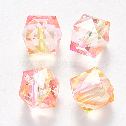 Transparent Spray Painted Crackle Acrylic Beads, Two Tone, Polygon, Pearl Pink, 7.5x8x8mm, Hole: 1.8mm, 100pcs/bag(ACRP-YW0001-01I)