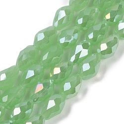 Opaque Solid Color Electroplate Glass Beads Strands, AB Color Plated, Faceted, Teardrop, Light Green, 6x4mm, Hole: 0.9mm, about 65~67pcs/strand, 15.35~16.14 inch(39~41cm)(EGLA-N013-J4mm-B04)