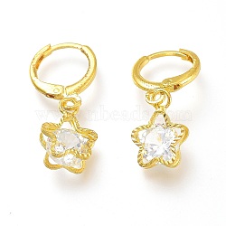 Brass Huggie Hoop Earrings, with Clear Cubic Zirconia, Flower, Golden, 26mm, Pin: 0.8mm(EJEW-Z003-04G)