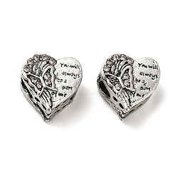 Alloy Rhinestone European Beads, Large Hole Beads, Heart with Butterfly & Word, Antique Silver, 11.5x12x9mm, Hole: 4.4mm(FIND-Q115-14AS)