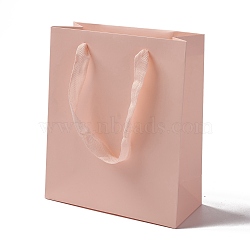 Kraft Paper Bags, with Ribbon Handles, Gift Bags, Shopping Bags, Rectangle, Pink, 22.7x19x8.7cm; Fold: 22.7x19x0.4cm(ABAG-F008-01B-01)
