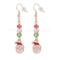 Enamel Santa Claus Charm with Glass Pearl Dangle Earrings, Gold Plated Brass Christmas Jewelry for Women, Colorful, 57mm, Pin: 0.8mm(EJEW-JE04961-01)