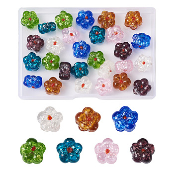 35Pcs 7 Colors Transparent Handmade Bumpy Lampwork Beads, with Silver Glitter, Flower, Mixed Color, 13.5~14.5x14.5x8.5~10mm, Hole: 0.8~1.6mm, 5pcs/color