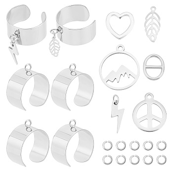 DIY Charm Cuff Ring Making Kit, Including Stainless Steel Open Ring Findings, Mountain & Peace Sign & Heart & Leaf 304 Stainless Steel & Alloy Charms, Stainless Steel Color, 32Pcs/box